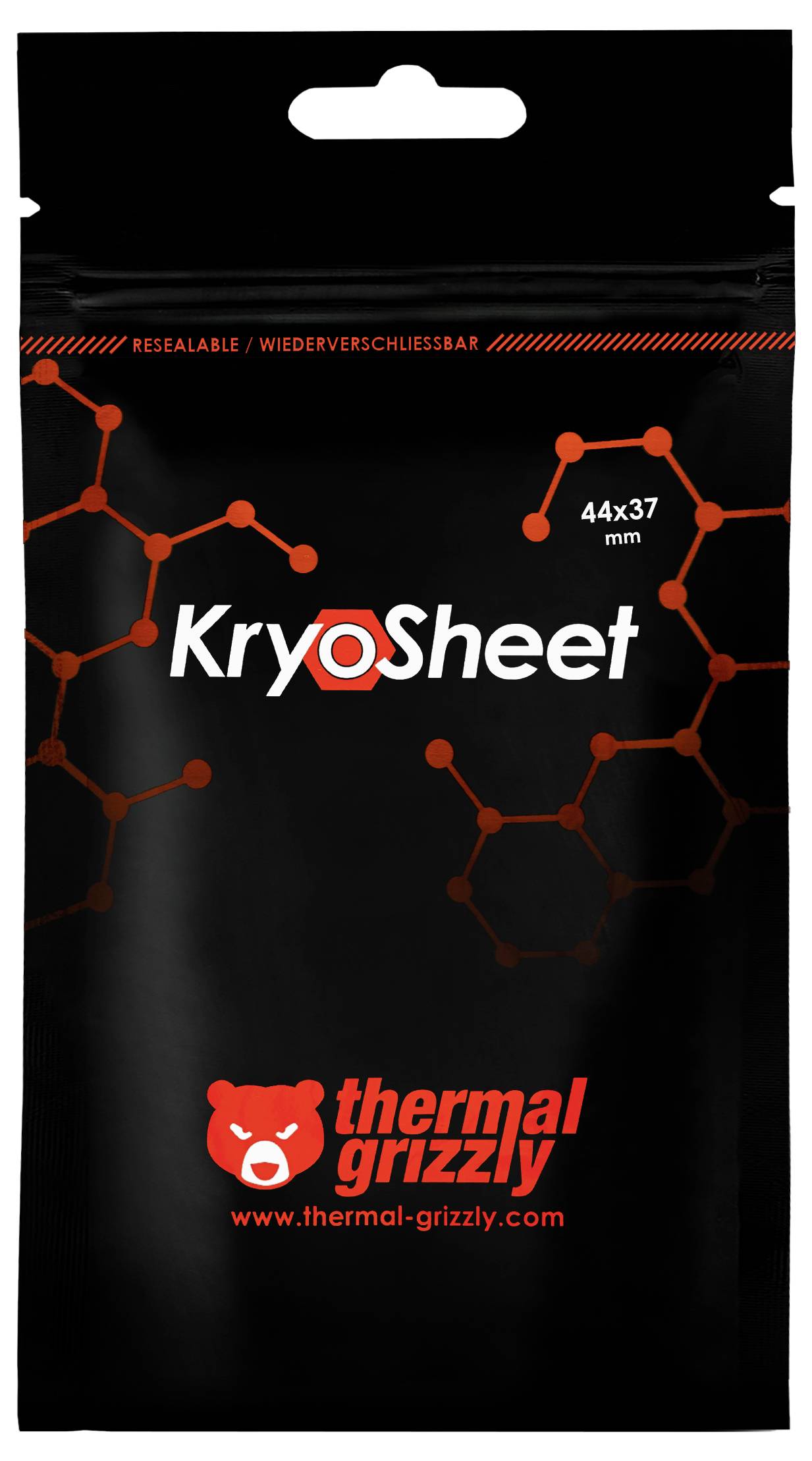Verpackung für das Wärmeübertragungsmaterial 'KryoSheet' von Thermal Grizzly, mit schwarzem Design und rotem molekularen Muster und Logo.