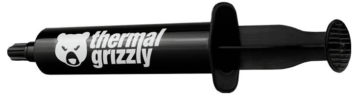 Schwarze Spritze mit dem 'Thermal Grizzly' Logo, das ein Bärengesicht zeigt. Wird zum Auftragen von Wärmeleitpaste in der Computertechnik zur Wärmemanagement verwendet.