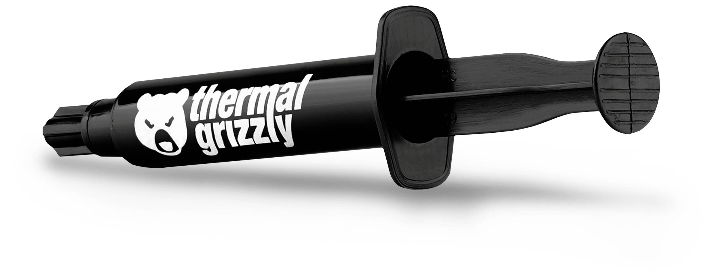 Schwarzer, spritzenpinselartiger Behälter mit 'Thermal Grizzly'-Text und Bärenlogo, verwendet zum Auftragen von Wärmeleitpaste auf elektronische Bauteile.