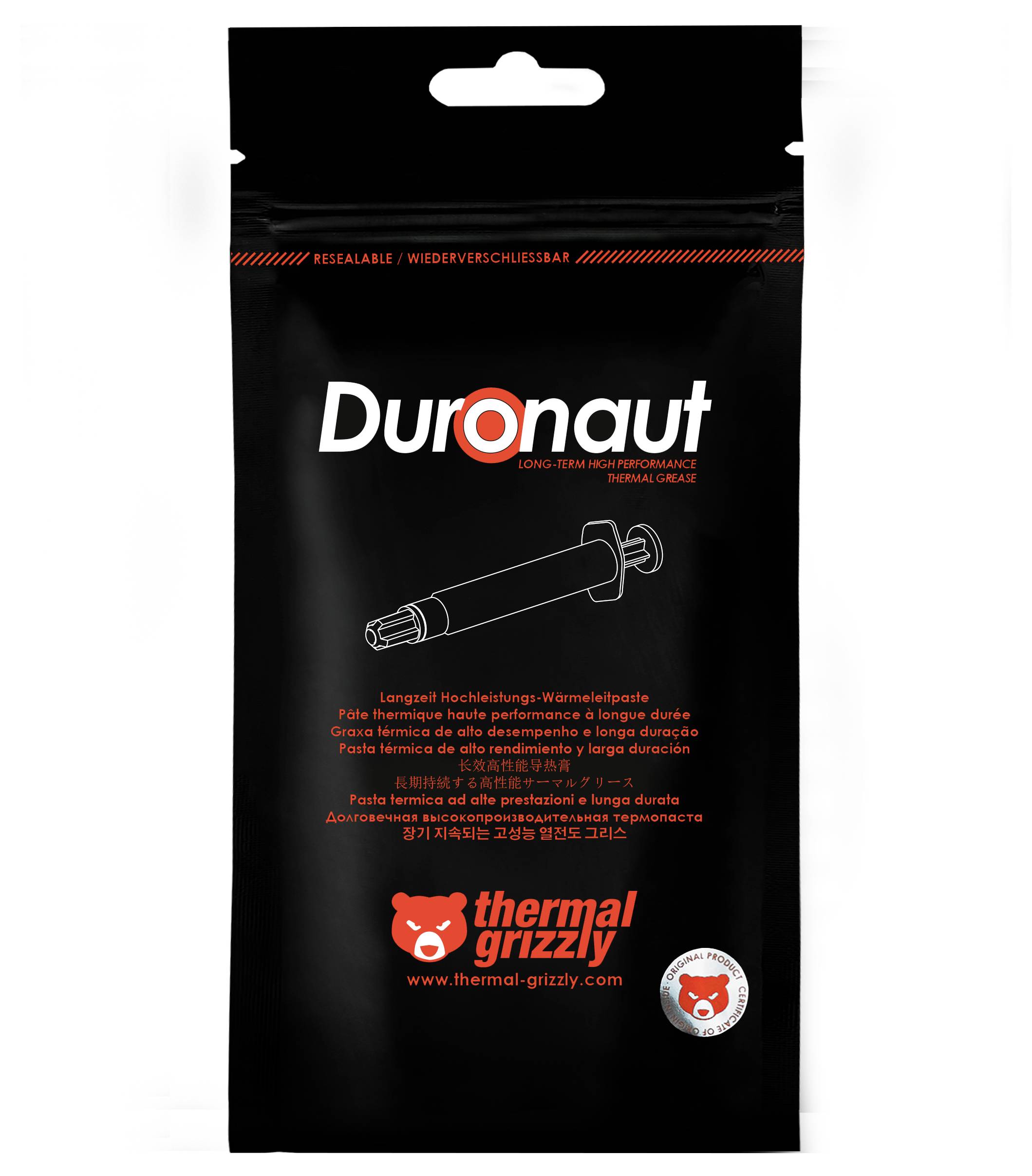 'Duronaut' Wärmeleitpaste-Päckchen; schwarz mit roten und weißen Schriftzügen. Zeigt eine Spritzengrafik und das 'Thermal Grizzly' Logo am unteren Rand.