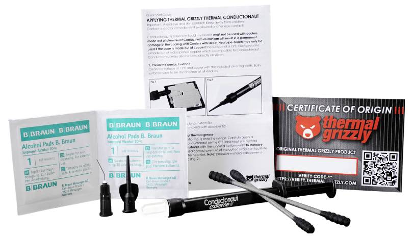 Thermal Grizzly Conductonaut Wärmeleitpaste-Set inklusive Spritze, Alkoholtüchern, Applikationsspitzen und Ursprungszertifikat.
