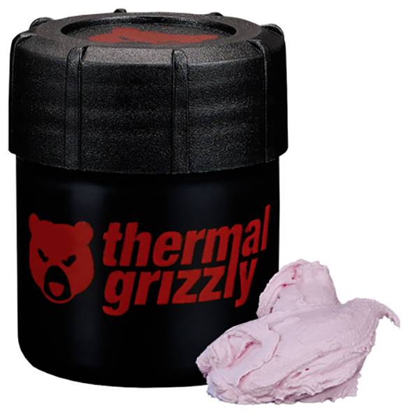 Thermalbehälter von 'Thermal Grizzly' mit Logo, daneben eine rosa Wärmeleitpaste.