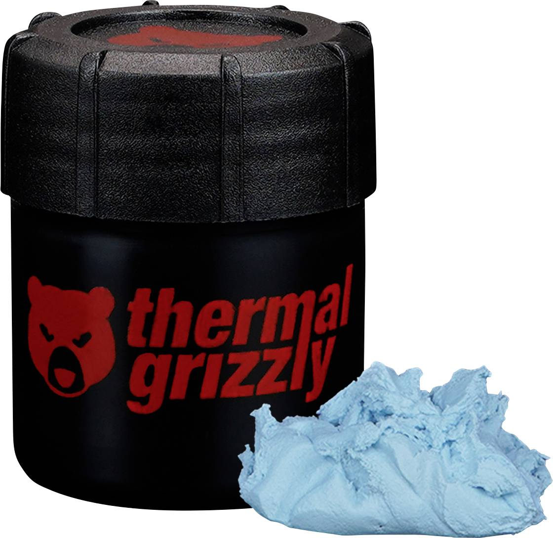 Ein schwarzer Behälter mit 'Thermal Grizzly' in roter Schrift und Logo, neben einem Haufen blauer Wärmeleitpaste.