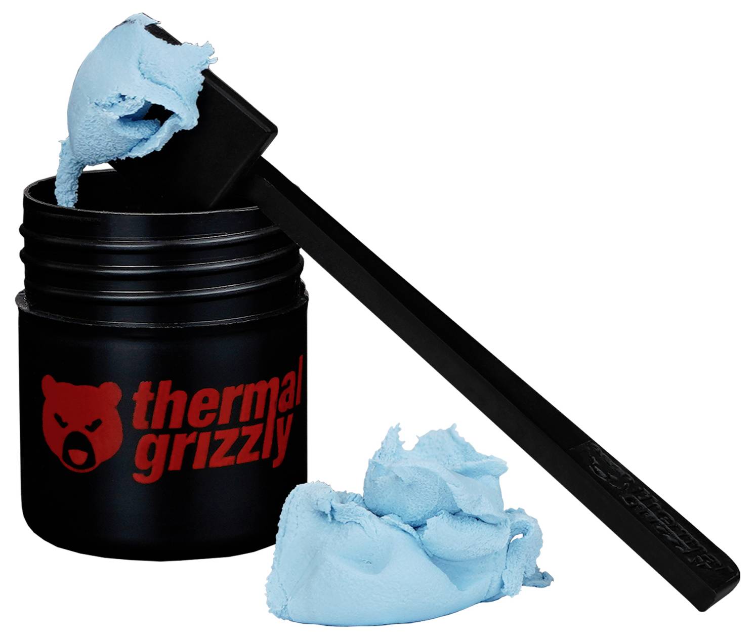Logo von 'thermal grizzly' auf einem schwarzen Glas mit blauer Wärmeleitpaste, wobei eine Spatel die Paste über dem Glas hält.
