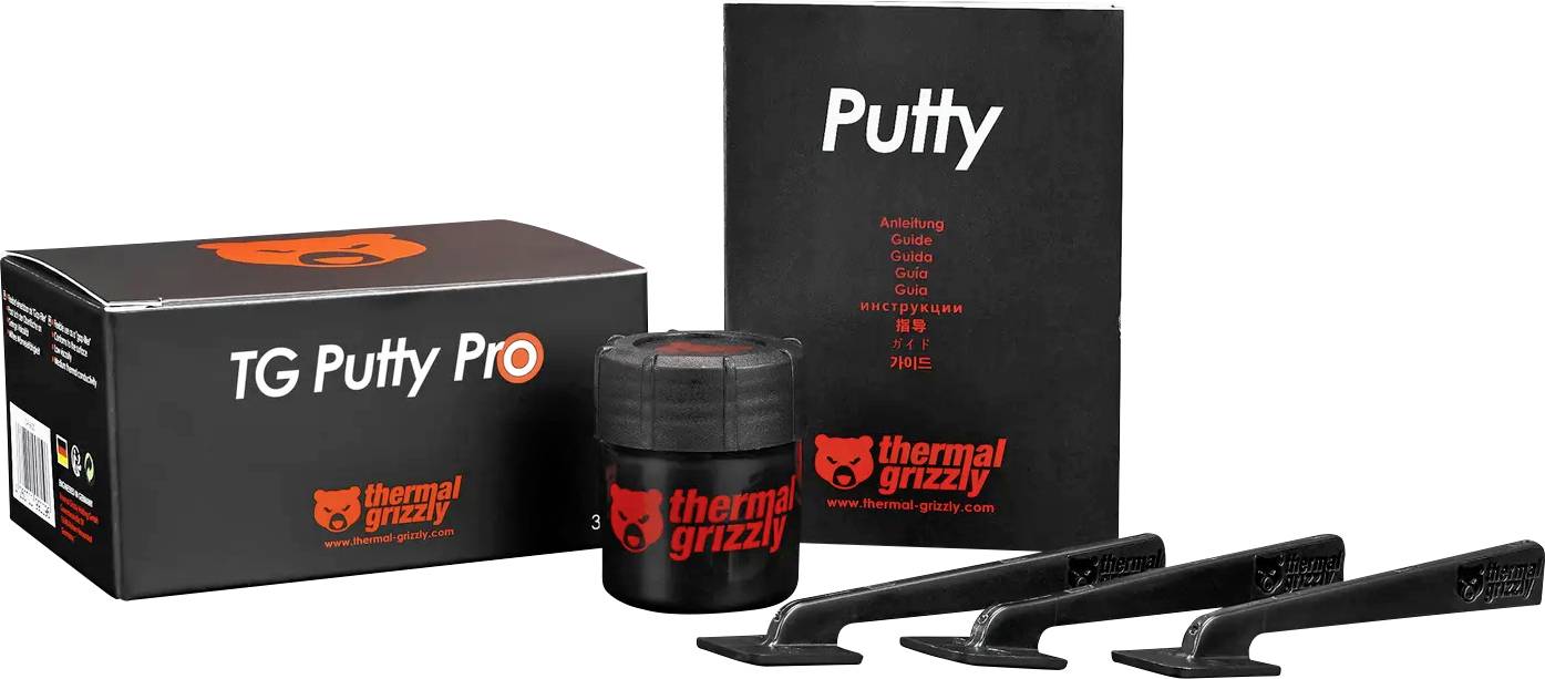 Die Verpackung von 'Thermal Grizzly TG Putty Pro' enthält ein Gefäß mit Wärmeleitpaste, drei Applikatoren und eine Produktanleitung.