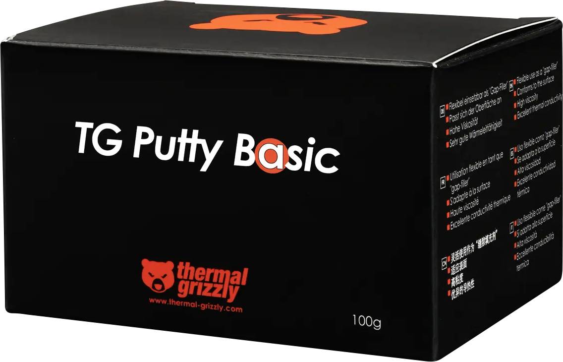 Schwarze Box mit der Aufschrift 'TG Putty Basic' von Thermal Grizzly, die ein 100g-Produkt anzeigt.