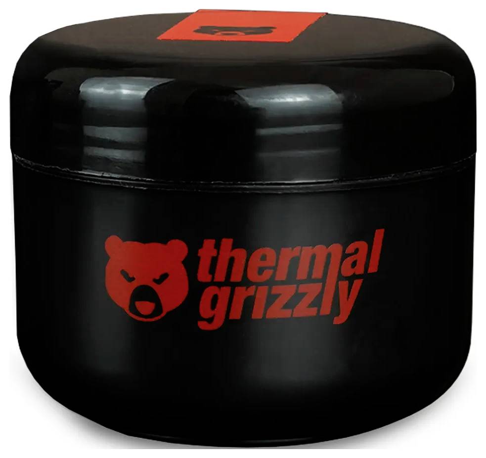 Schwarze Dose mit rotem 'Thermal Grizzly' Logo und Bärenikone, verwendet zur Lagerung von Wärmeleitpaste.