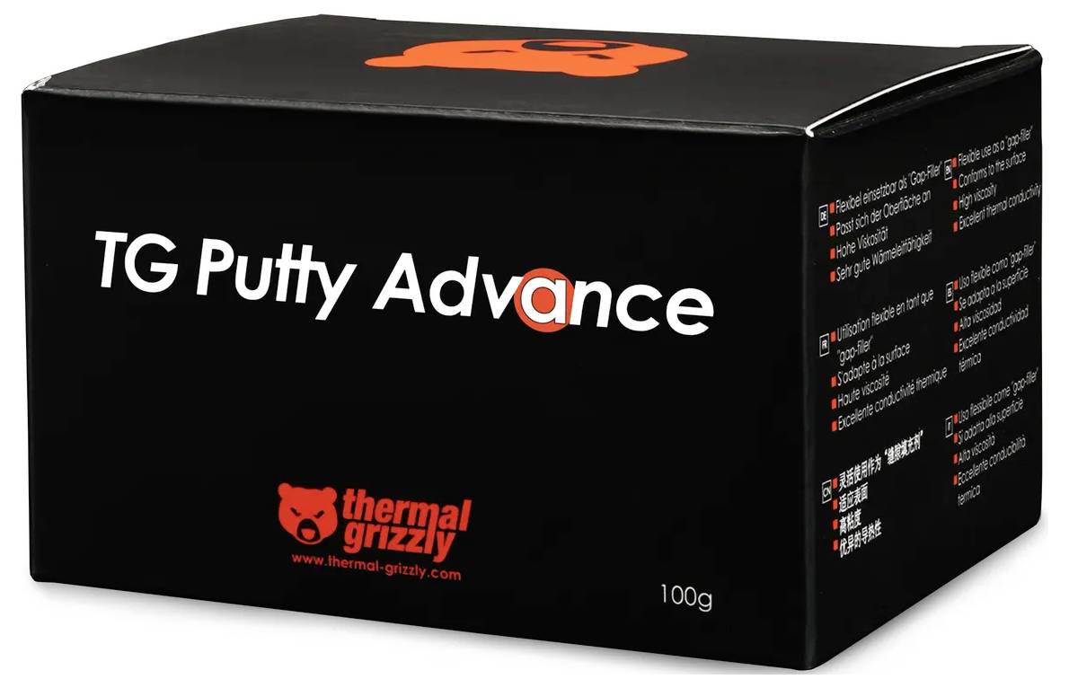 Schwarze Verpackung mit der Aufschrift 'TG Putty Advance' von Thermal Grizzly, 100g, mit Gebrauchsanweisungen in mehreren Sprachen auf der Seite.
