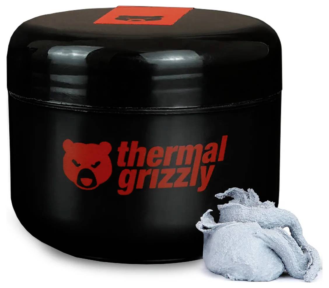 Ein schwarzer Behälter mit einem roten 'Thermal Grizzly' Logo, daneben eine metallbasierte Wärmeleitpaste, die zur Kühlung elektronischer Komponenten verwendet wird.