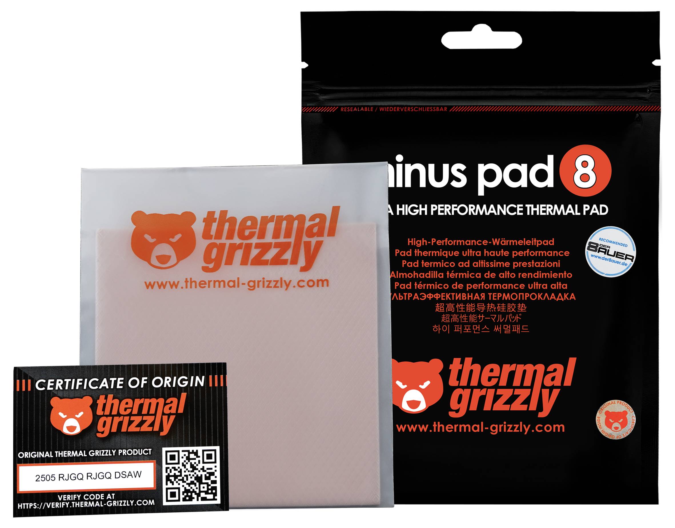 Verpackung von 'Thermal Grizzly Minus Pad 8' mit einem sichtbaren Wärmepad. Enthält ein Herkunftszeugnis mit einem Verifizierungscode.