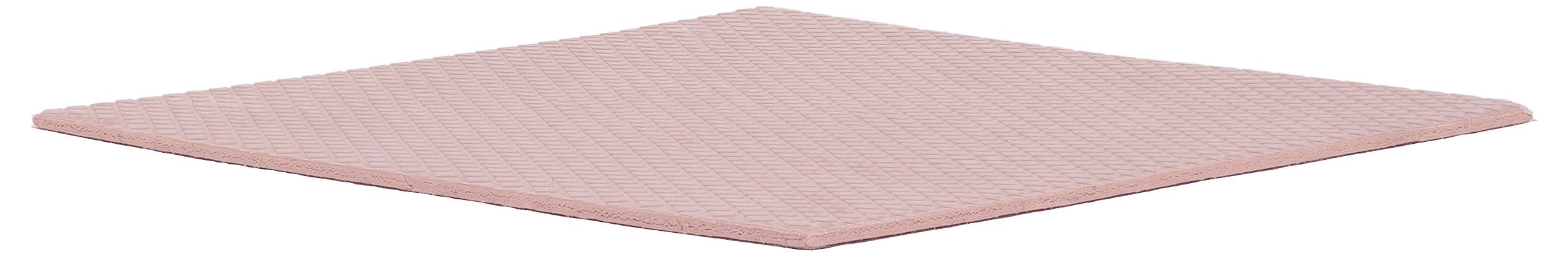 Ein rosa, rechteckiges Tuch mit gerippter Textur, das flach auf einem weißen Hintergrund liegt.