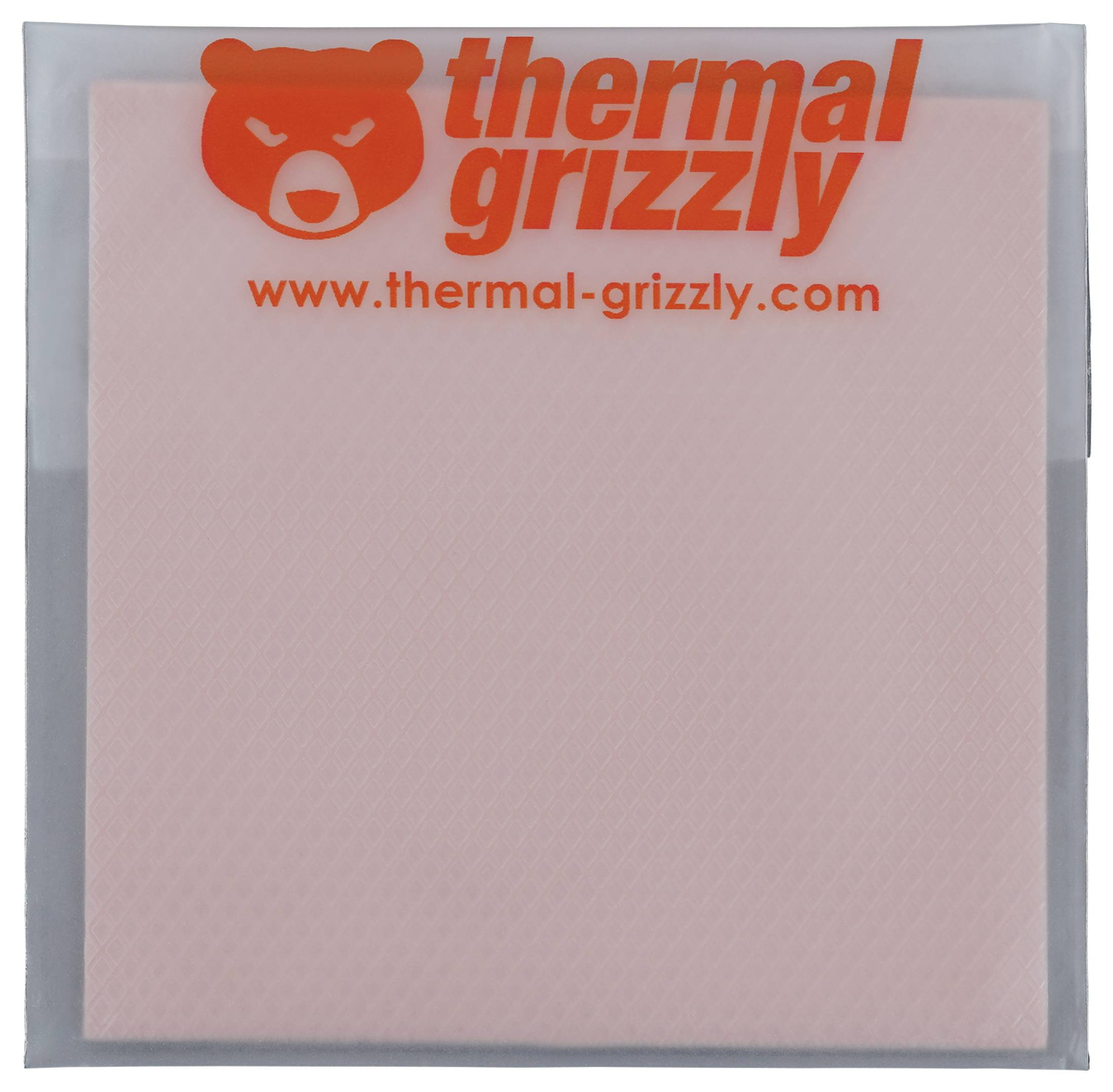 Logo von 'thermal grizzly' mit einem orange gedruckten Bärenicon auf der Oberseite eines Wärmeleitpads-Pakets. Die Website 'www.thermal-grizzly.com' ist ebenfalls sichtbar.