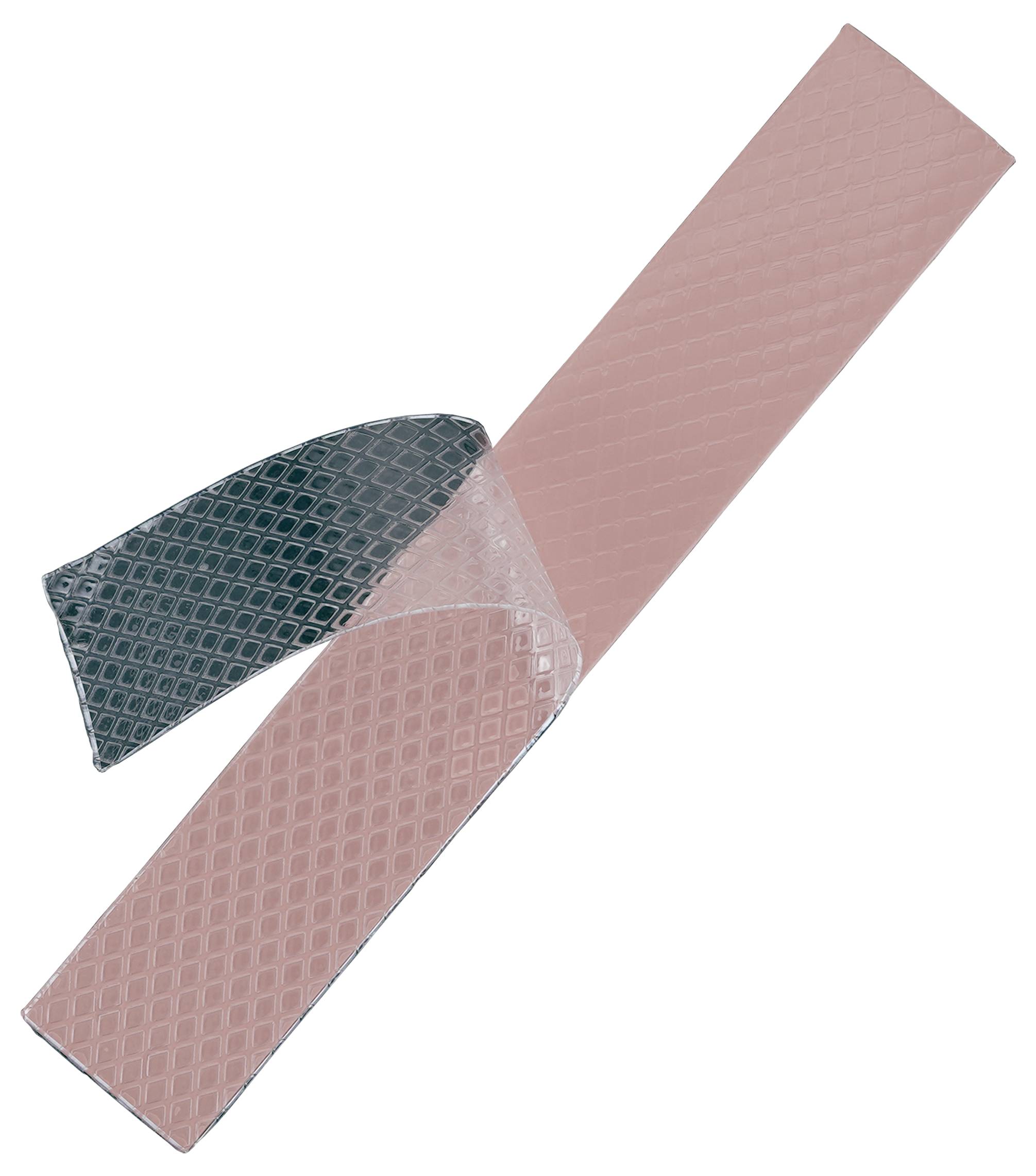 Ein rosa diamantgemustertes Band, das teilweise in eine durchsichtige, ähnlich gemusterte Hülle gewickelt ist und diagonal über einen weißen Hintergrund verläuft.