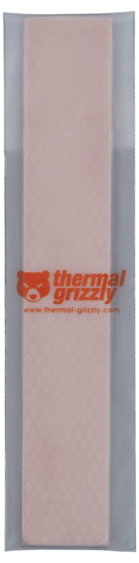 Verpackung von 'Thermal Grizzly' mit einem rosa rechteckigen Wärmepad und dem Firmenlogo in roter Schrift auf einer transparenten Abdeckung.