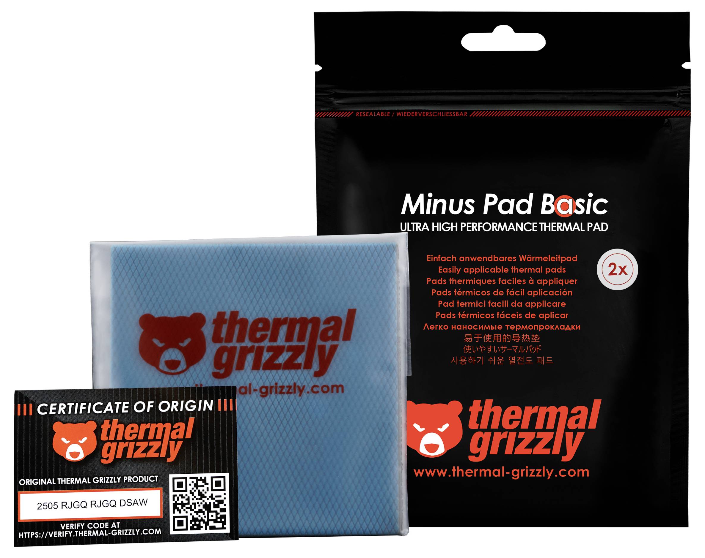 Verpackung des 'Thermal Grizzly Minus Pad Basic' mit dem Produkt und einer Herkunftsbescheinigungskarte, die Authentifizierungsdetails hervorhebt.