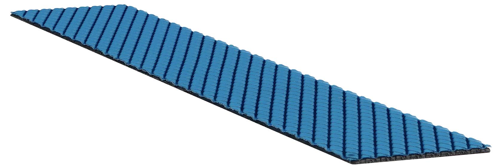 'Aquilatec' blaues Schleifpapier, geformt wie ein konisch zulaufendes Rechteck mit gleichmäßig angeordneten Rillen, die diagonal über seine Oberfläche verlaufen.