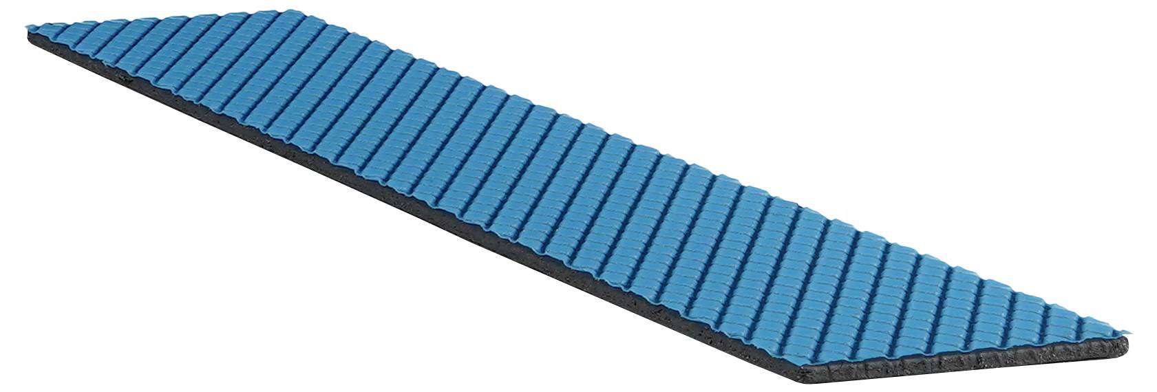 Blaue segmentierte Rampenunterlage mit schwarzen Kanten, entwickelt für Rollstuhlzufahrt, auf einer ebenen Oberfläche platziert.