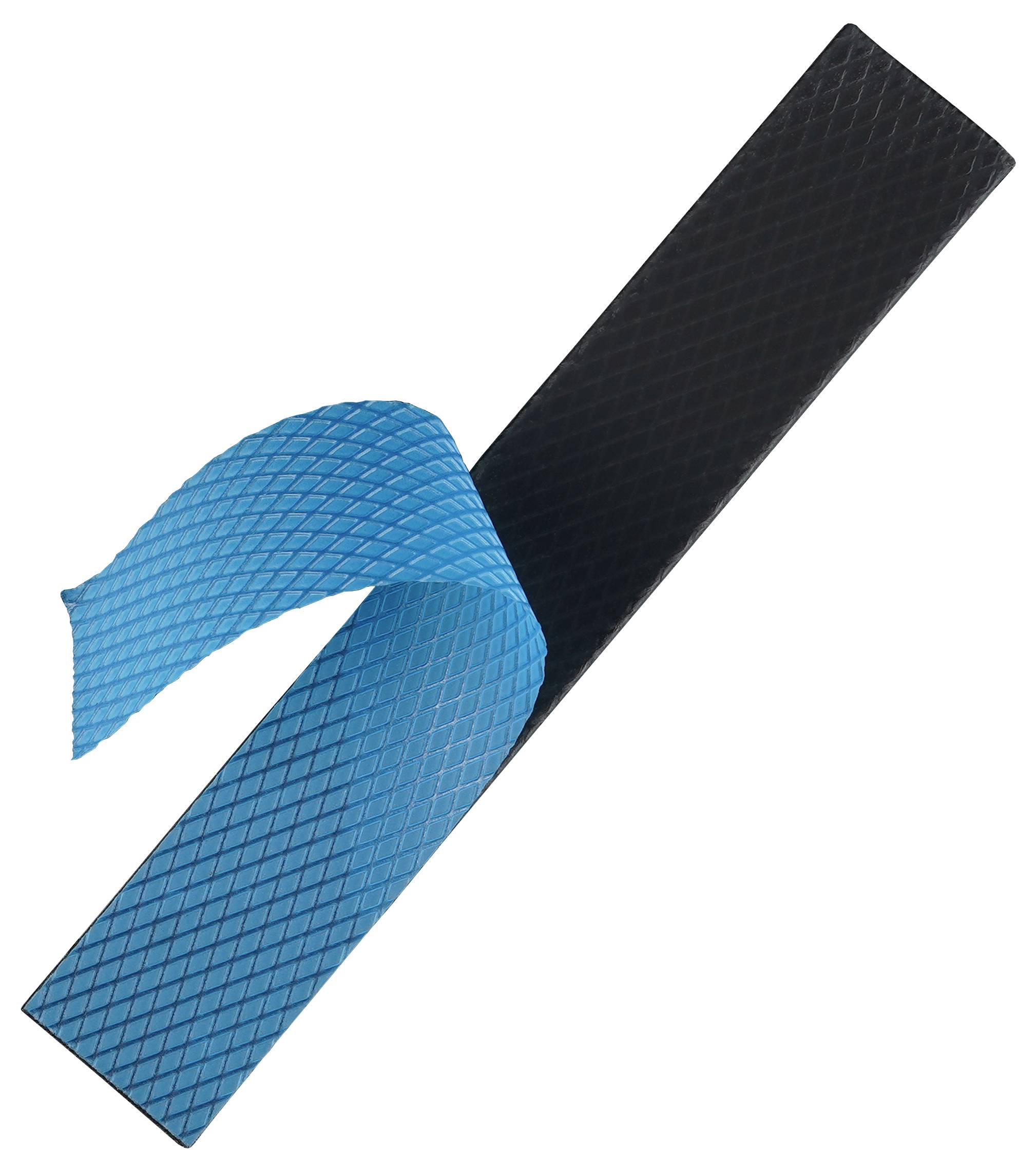 Ein strukturierter blau-schwarzer Streifen aus Material, möglicherweise Gummi oder Stoff, mit Rautenmuster. Der blaue Abschnitt rollt sich ab.