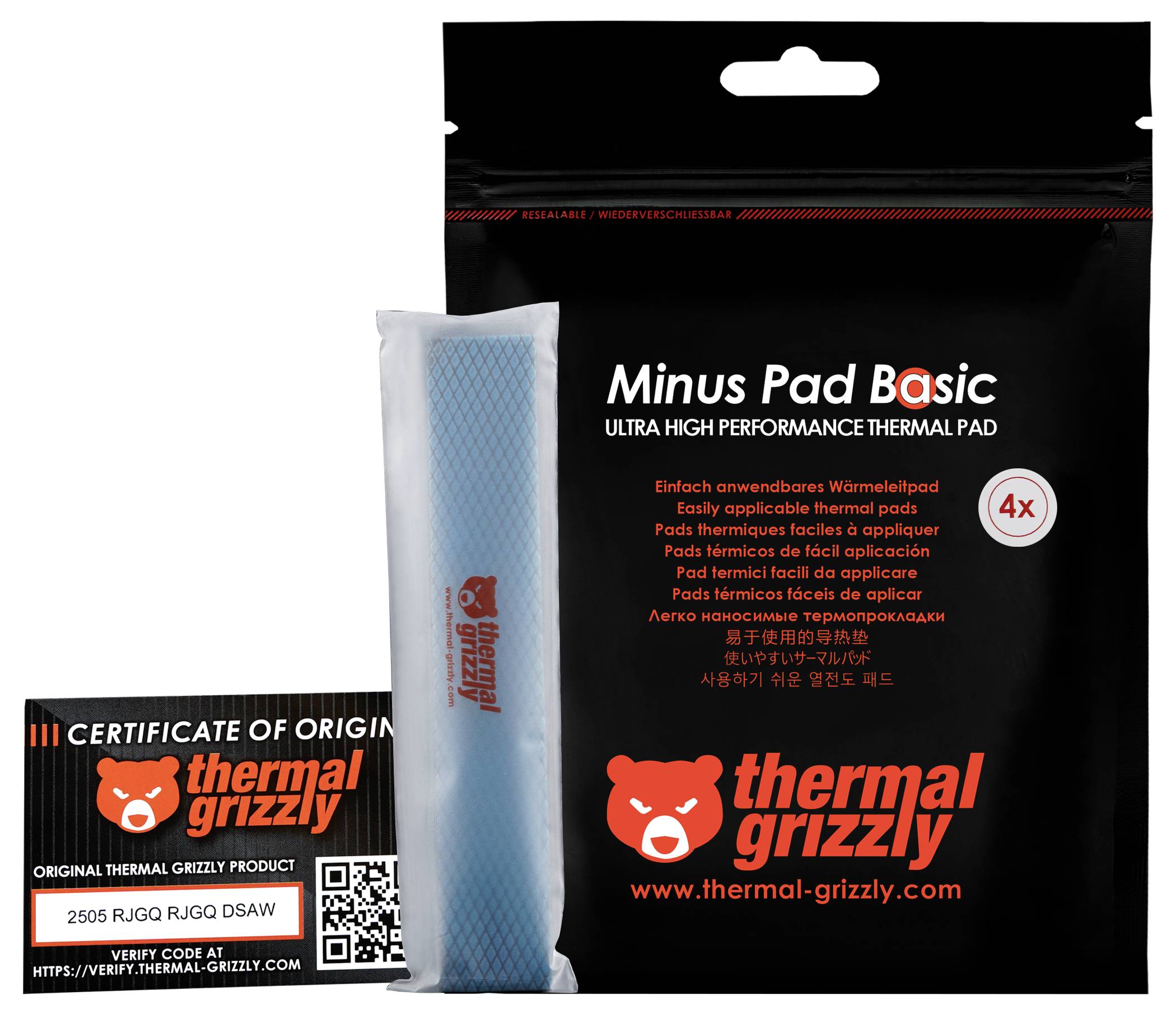 'Thermal Grizzly' Verpackung, die einen 'Minus Pad Basic' Wärmeleitpad und ein Echtheitszertifikat zur Überprüfung der Produktauthentizität enthält.