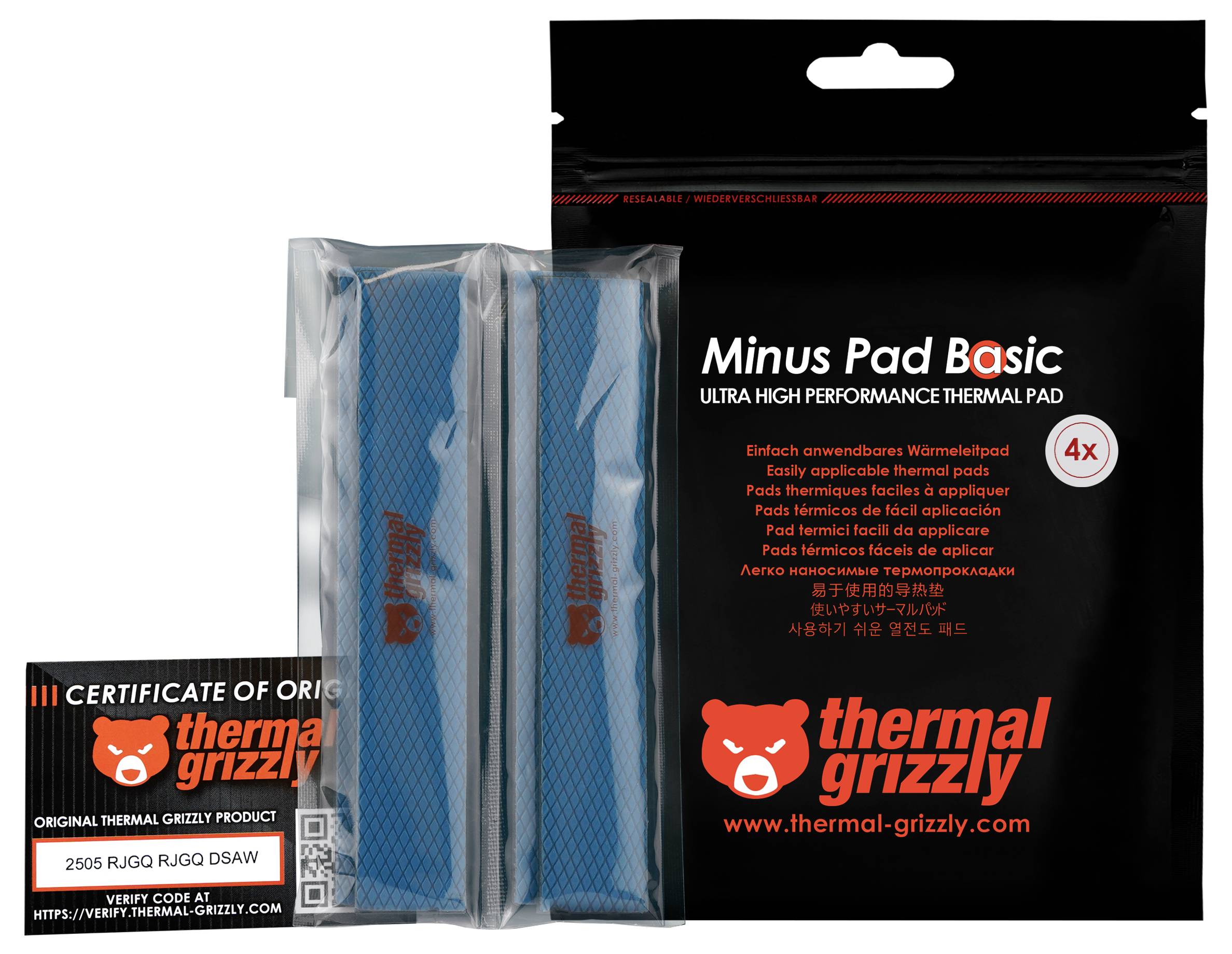 'Minus Pad Basic' Wärmepad-Verpackung mit sichtbarem Inhalt und Ursprungszertifikat. Die Verpackung betont ultrahohe Leistungsmerkmale.