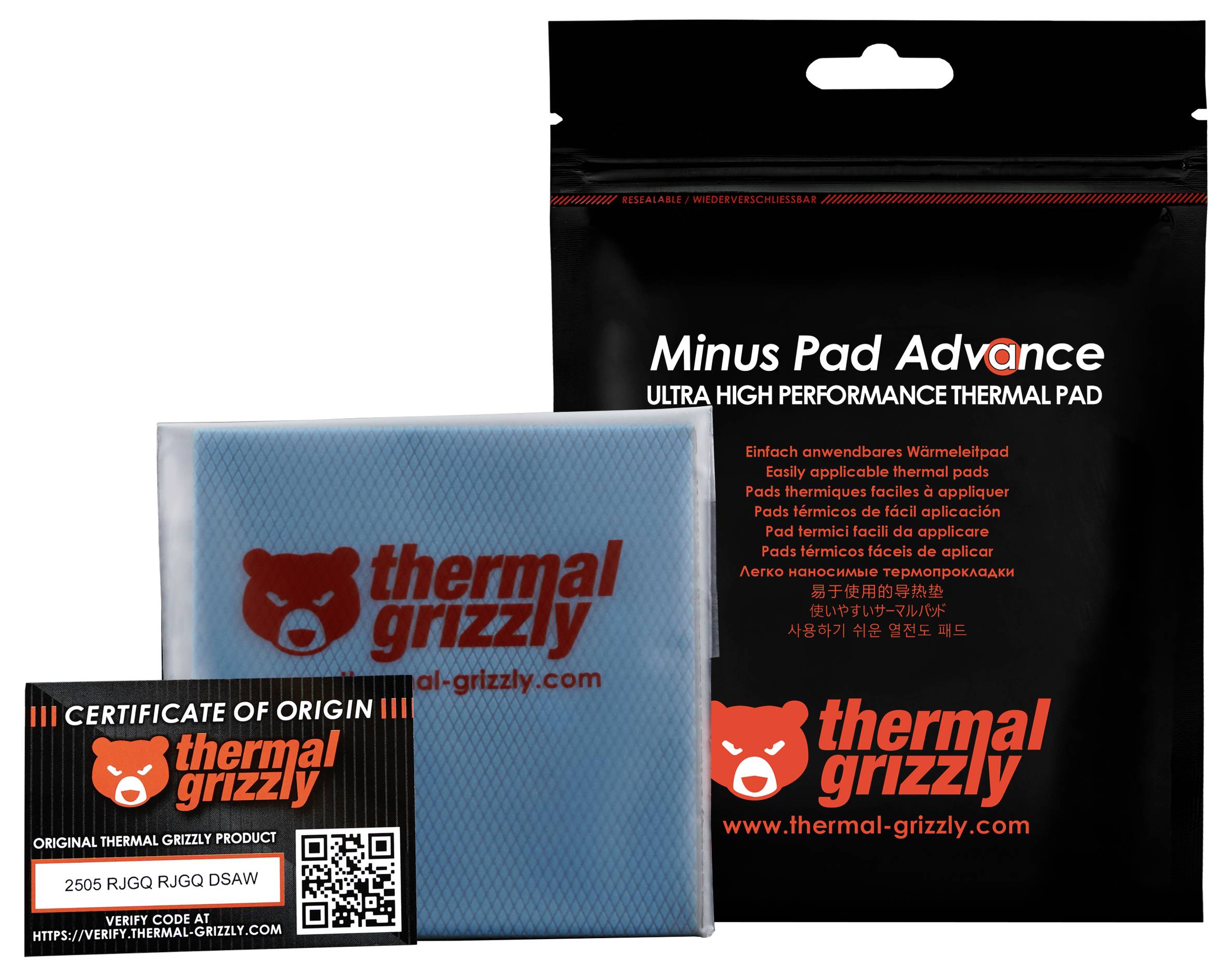 Verpackung und Produkt des 'Thermal Grizzly Minus Pad Advance' Wärmeleitpads mit einer Ursprungszertifikatskarte, die einen Verifizierungscode enthält.