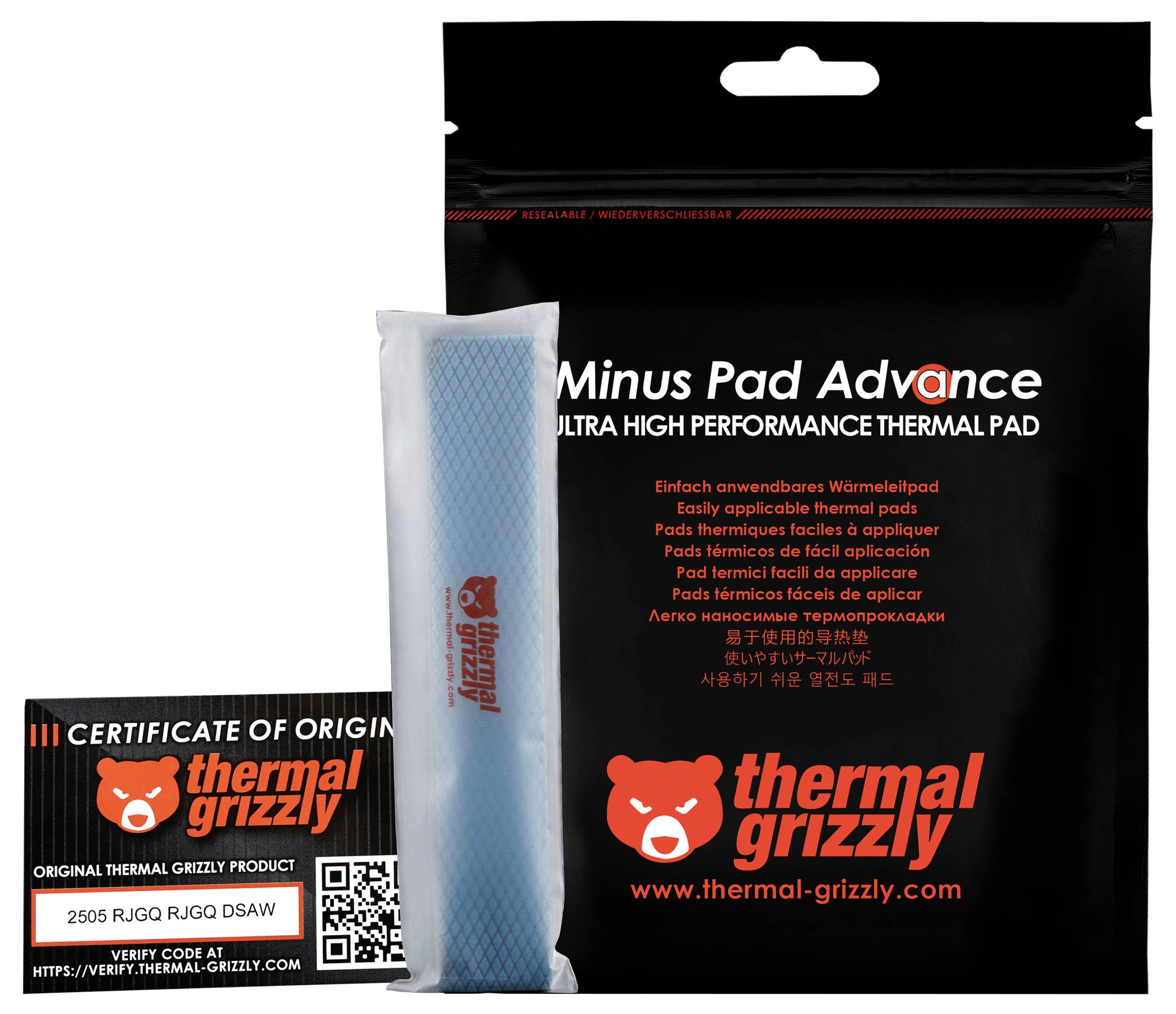 Verpackung von 'Thermal Grizzly Minus Pad Advance' mit Wärmepad und einem Ursprungszertifikat mit QR-Code.