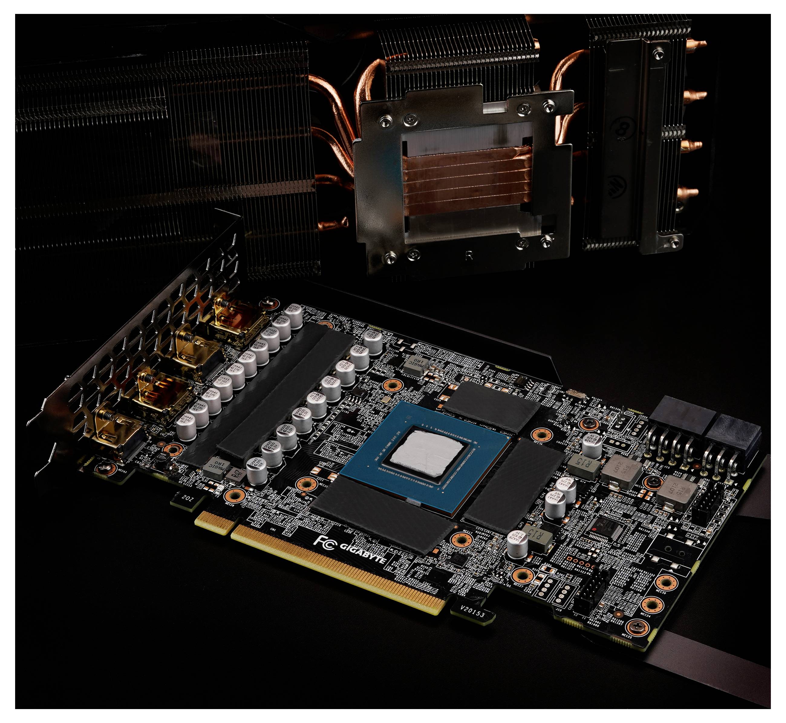 Eine Computer-Grafikkarte Mainboard mit verschiedenen elektronischen Komponenten und einem sichtbaren Kühlkörper, die fortschrittliche GPU-Architektur hervorhebt.