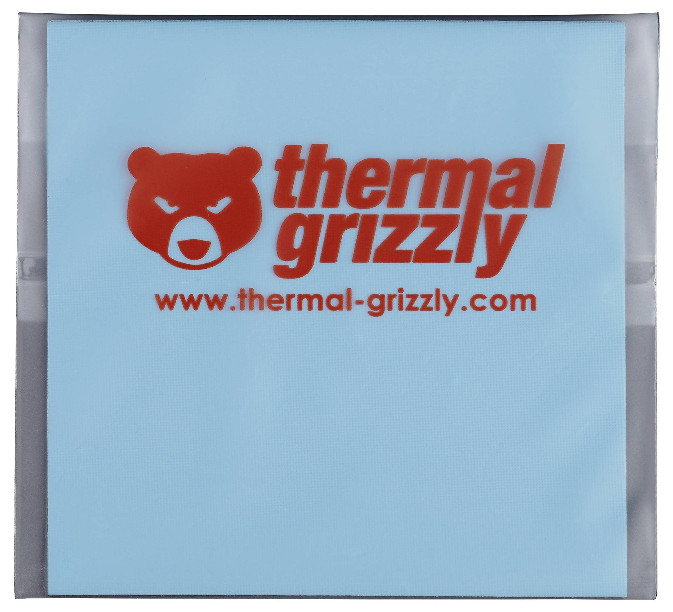 Blauer quadratischer Beutel mit rotem 'Thermal Grizzly' Logo und Bärenabbildung, einschließlich Website 'www.thermal-grizzly.com'.
