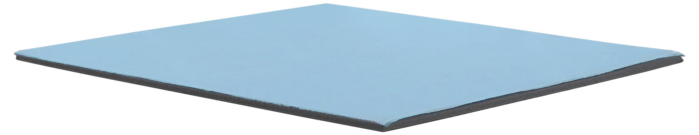 Blaue quadratische Matte mit abgeschrägten Kanten, Schrägansicht, auf weißem Hintergrund.