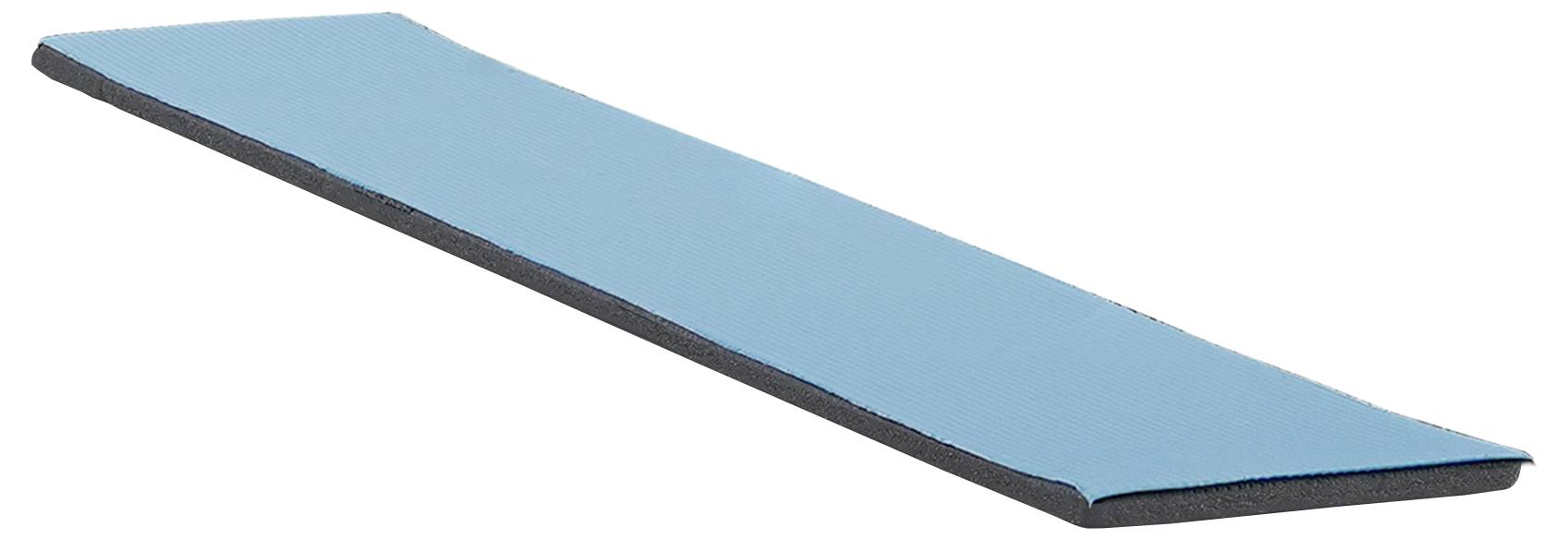 Eine blaue Schaumstoff-Trainingsmatte, von einem Winkel aus gezeigt, die ihre rechteckige Form und schwarze Unterseite offenbart.