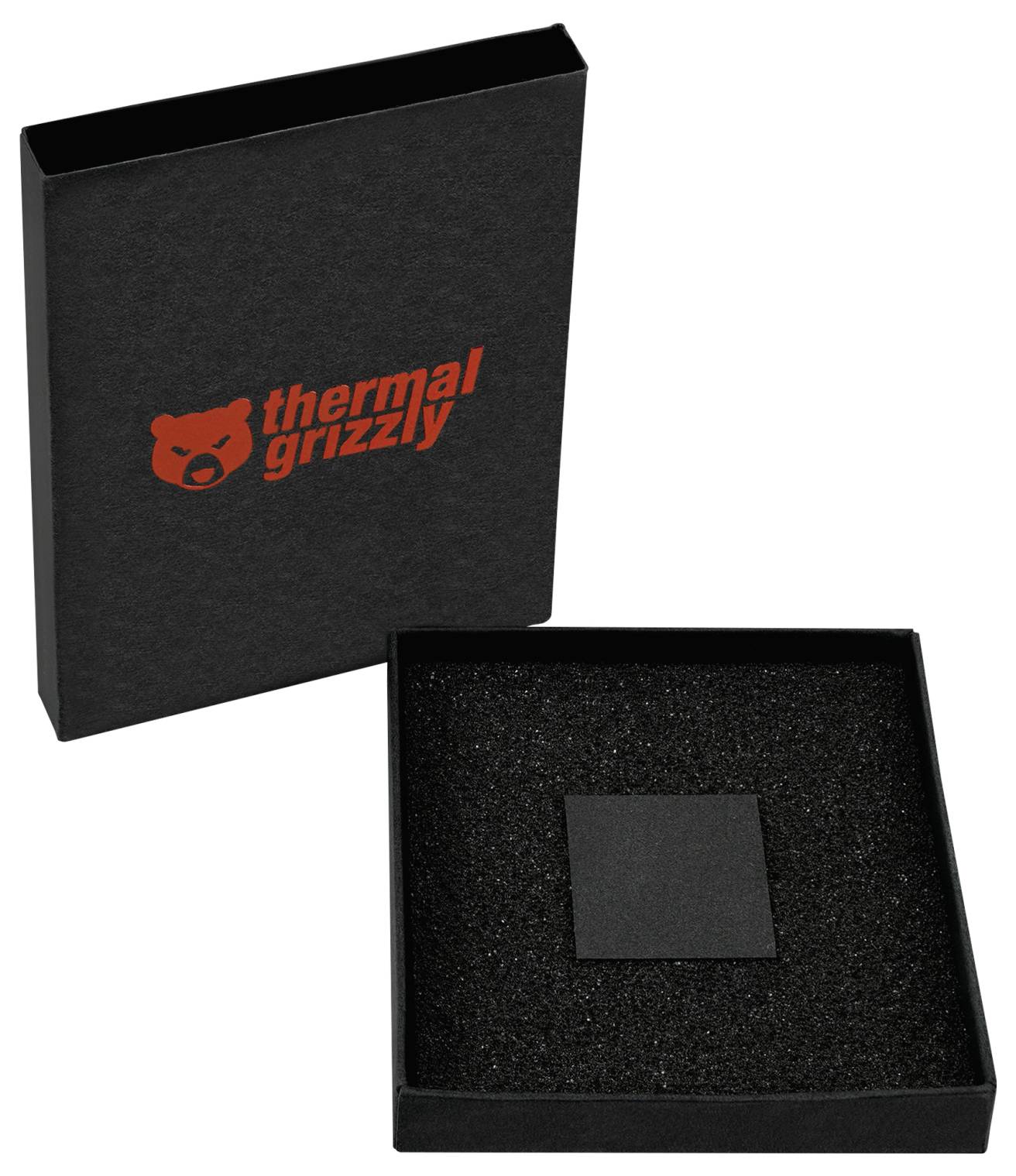 Ein 'Thermal Grizzly' Logo auf einer geschlossenen schwarzen Box neben einer geöffneten schwarzen Box mit Schaumstoffpolsterung im Inneren.