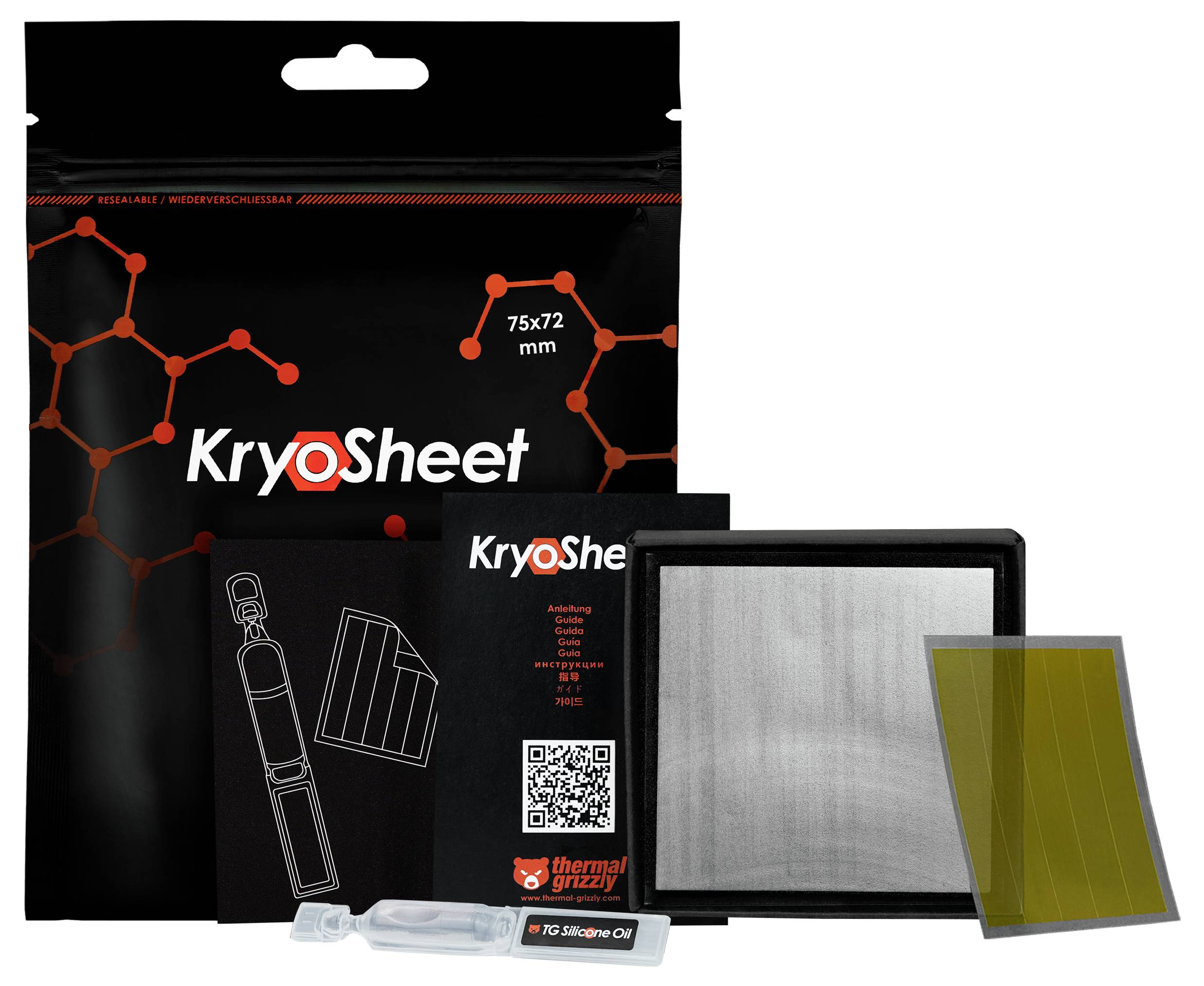 Verpackung des 'KryoSheet' Wärmepads mit dargestellten Produktinhalten: ein grauer metallischer Wärmepad, gelber Abstandshalter, Gehäuse und Wärmeleitpaste.