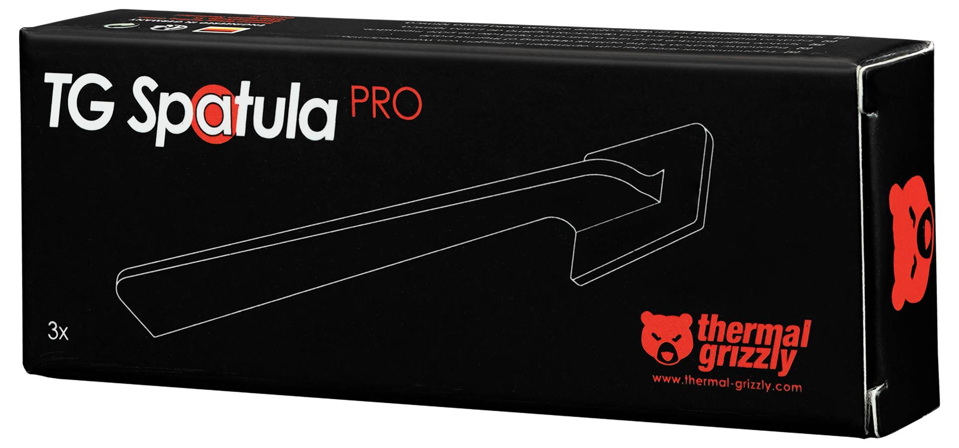 Schachtel des 'TG Spatula PRO' von Thermal Grizzly, mit einer Umrissskizze des Spatels auf schwarzem Hintergrund.
