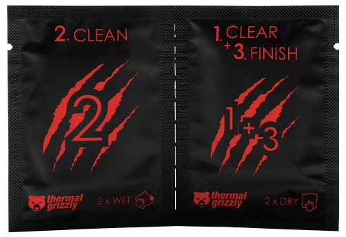 Zwei Pakete nebeneinander. Links: '2. Reinigen' in Rot mit Kratzspuren und 'thermal grizzly'. Rechts: '1. Reinigen + 3. Fertigstellen' mit Kratzspuren und Logo.