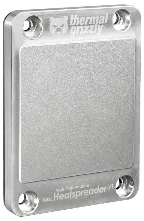 Aluminium-Kühlkörper mit 'Thermal Grizzly' Logo, entwickelt für Intel-Prozessoren. Ausgestattet mit vier Befestigungslöchern und einer glatten Oberfläche.