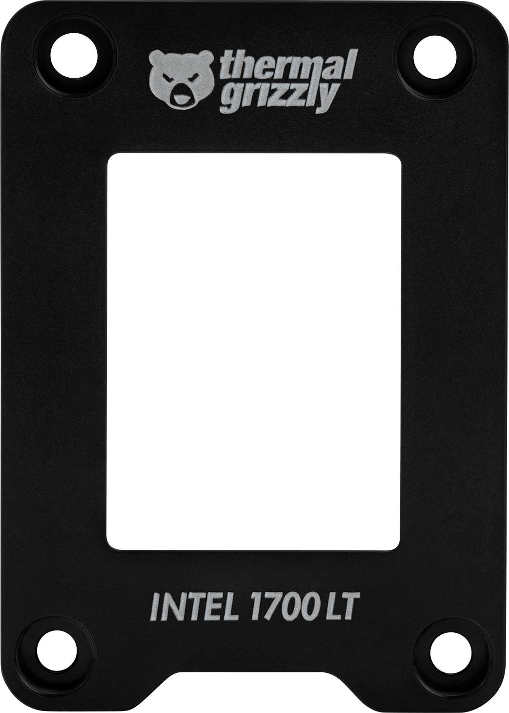 Ein rechteckiger schwarzer Halter mit vier Schrauböffnungen, mit der Aufschrift 'thermal grizzly' oben und 'INTEL 1700 LT' unten.