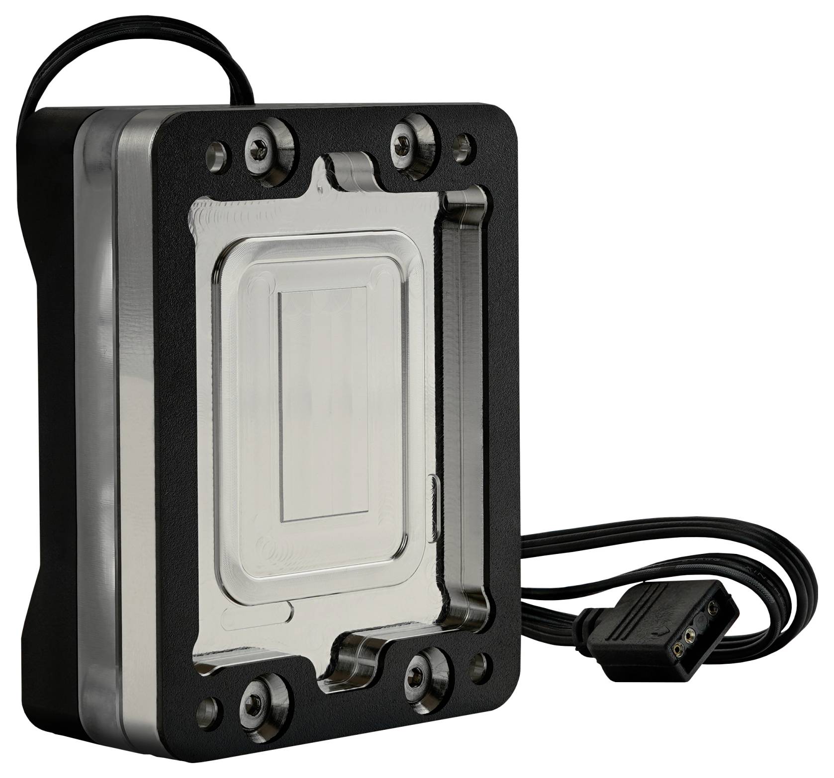 Eine rechteckige metallische elektronische Komponente mit vier Schrauben, verbunden mit einem schwarzen Kabel, das einen magnetischen Anschluss am Ende besitzt.