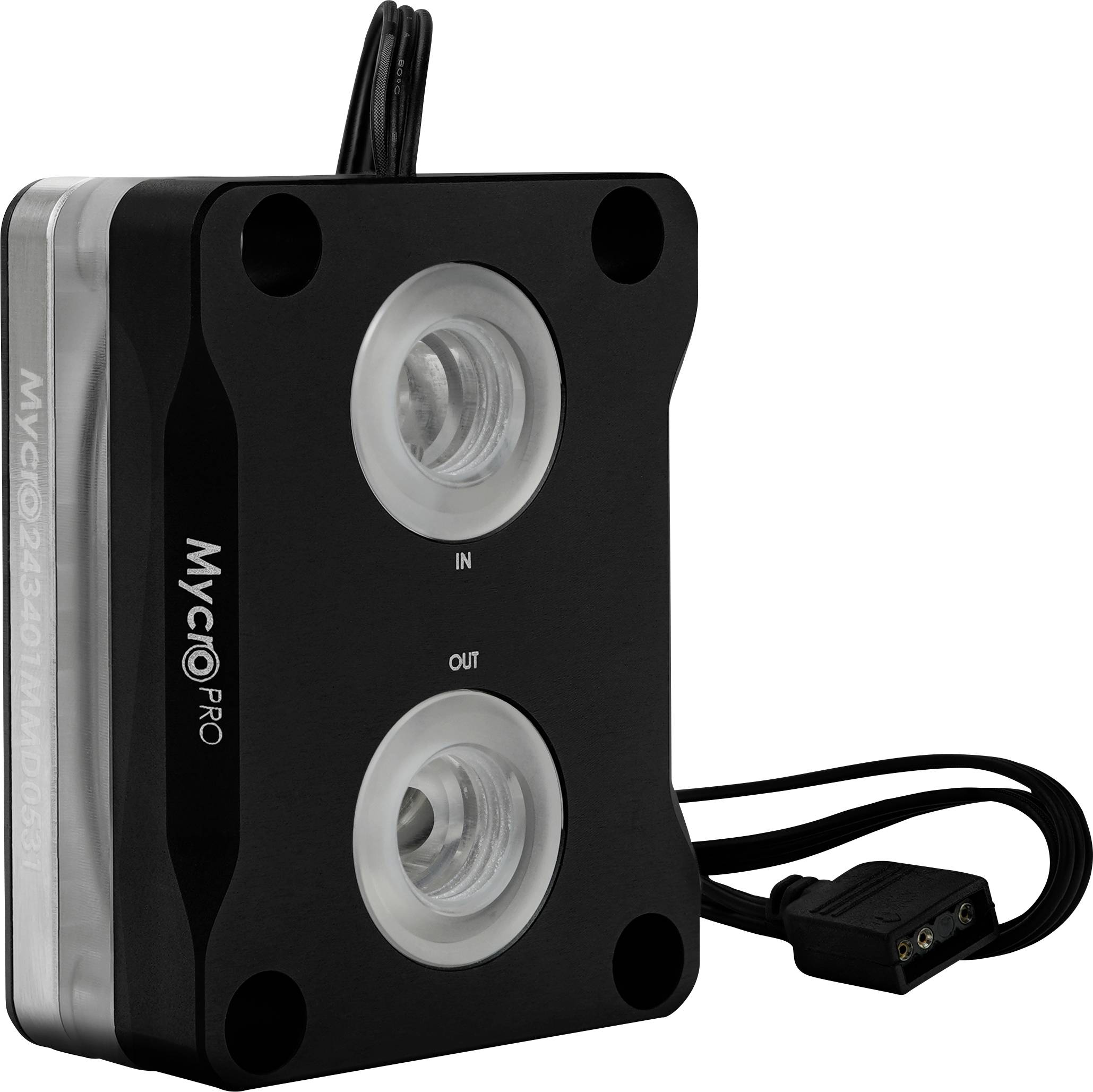 Eine rechteckige schwarze Komponente mit zwei kreisförmigen Anschlüssen, die mit 