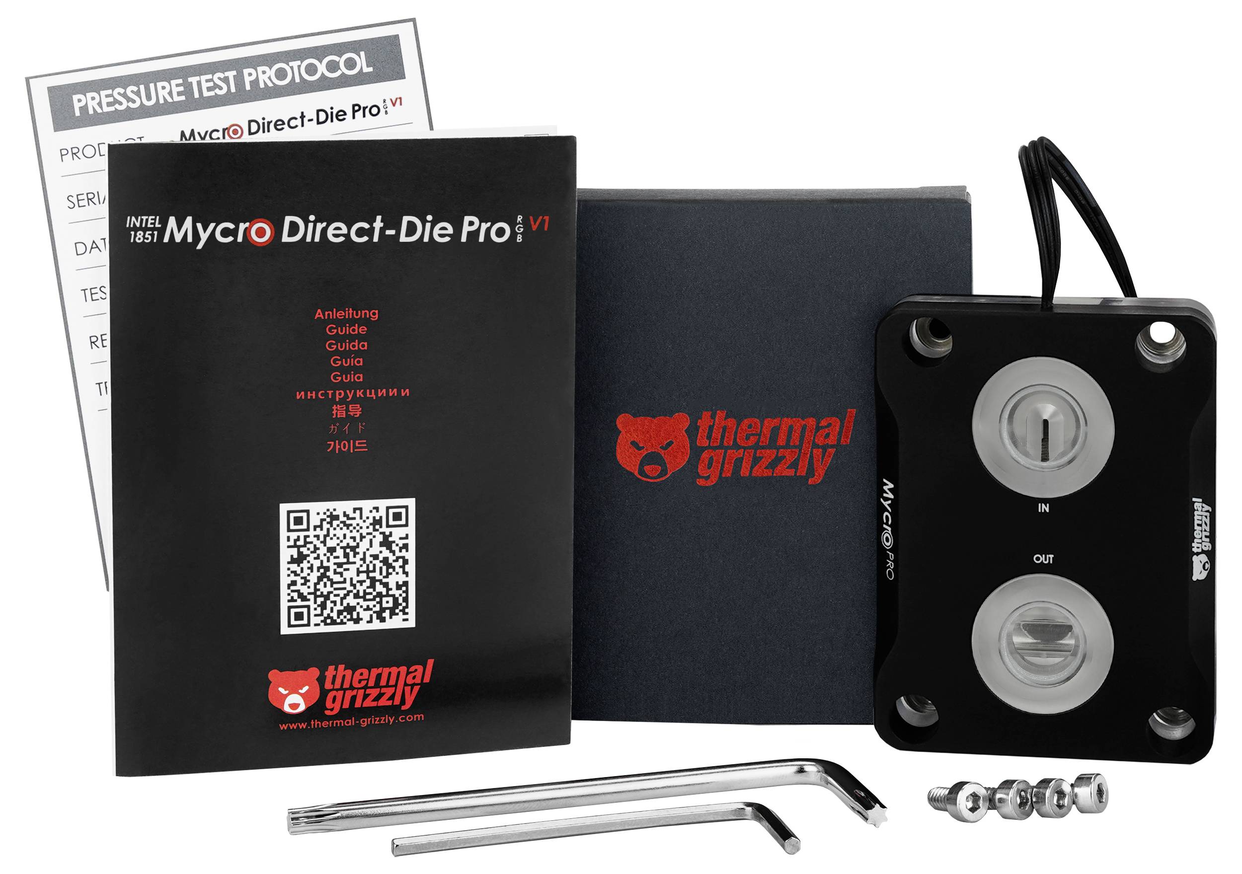 Thermal Grizzly Mycro Direct-Die Pro Set mit Handbüchern, Werkzeugen und Zubehör.