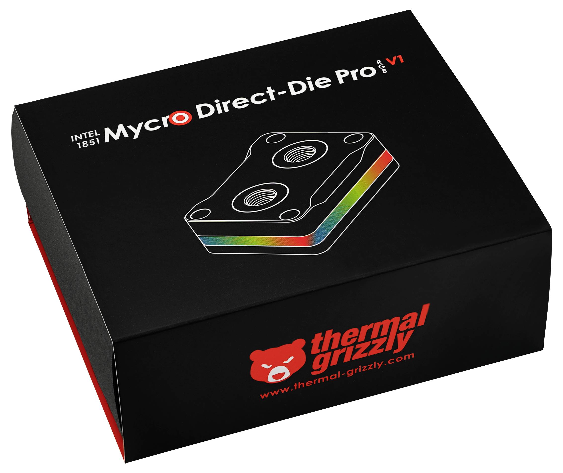 Eine schwarze Box mit der Aufschrift 'Mycro Direct-Die Pro V1' für Intel 12./13. Generation, mit einem farbenfrohen grafischen Design und dem Thermal Grizzly Logo.