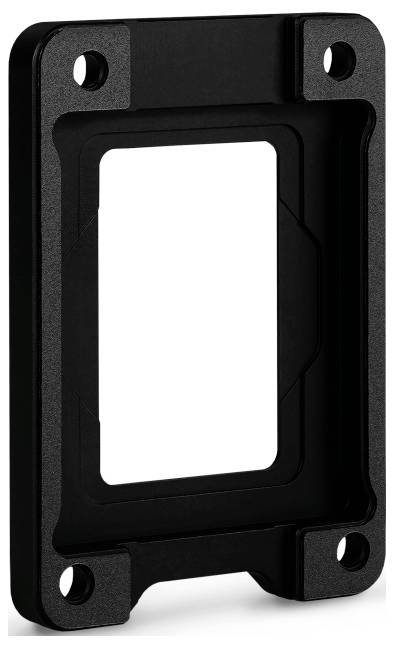 Ein schwarzer, rechteckiger Rahmen mit offenem Zentrum und vier Befestigungslöchern in jeder Ecke. Geeignet zum Sichern oder Präsentieren von Gegenständen.