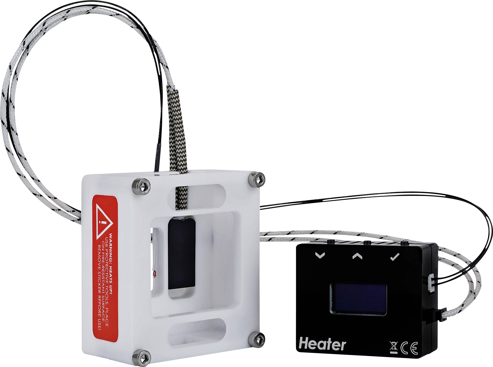 Heiztemperaturregler mit Kabeln, einem Display und einer Warnaufschrift auf der Seite, verwendet zur Regulierung und Überwachung von Heizelementen.