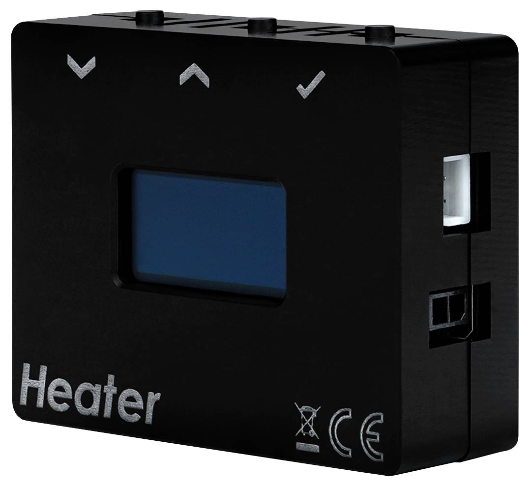 Ein schwarzes digitales Heizungskontrollpanel mit einem LCD-Bildschirm und Tasten, versehen mit Aufwärts- und Abwärtspfeilen sowie Symbolen für Bedienungsanweisungen.