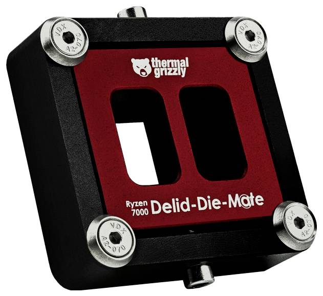Thermal Grizzly Delid-Die-Mate Werkzeug für Ryzen 7000, verwendet zum sicheren Entfernen des Integrated Heat Spreaders (IHS) von einer CPU, um die thermische Leistung zu verbessern.