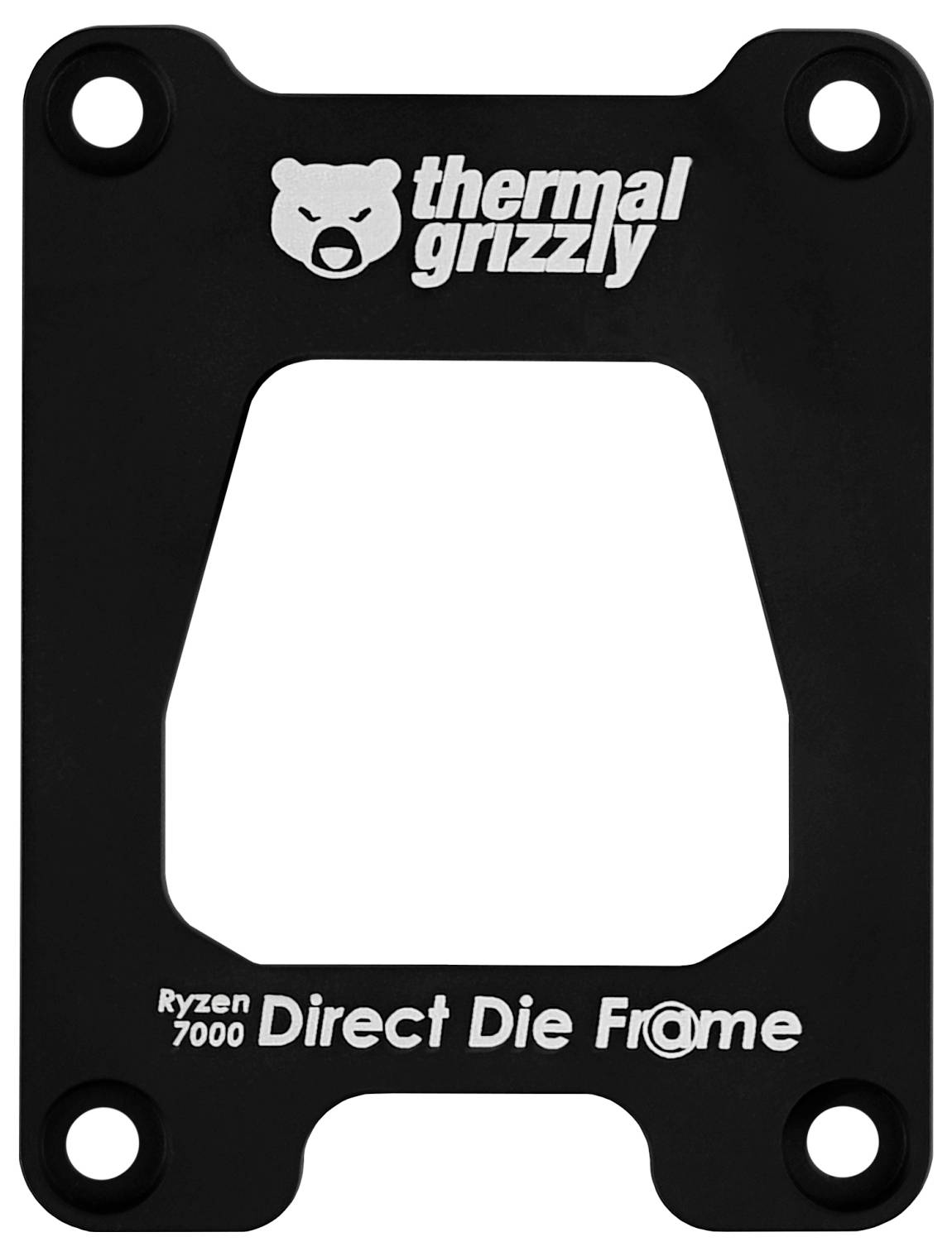 Schwarzer rechteckiger Metallrahmen mit abgerundeten Ecken, der den Text 'thermal grizzly' und 'Ryzen 7000 Direct Die Frame' trägt und zur Kühlung von Computern verwendet wird.