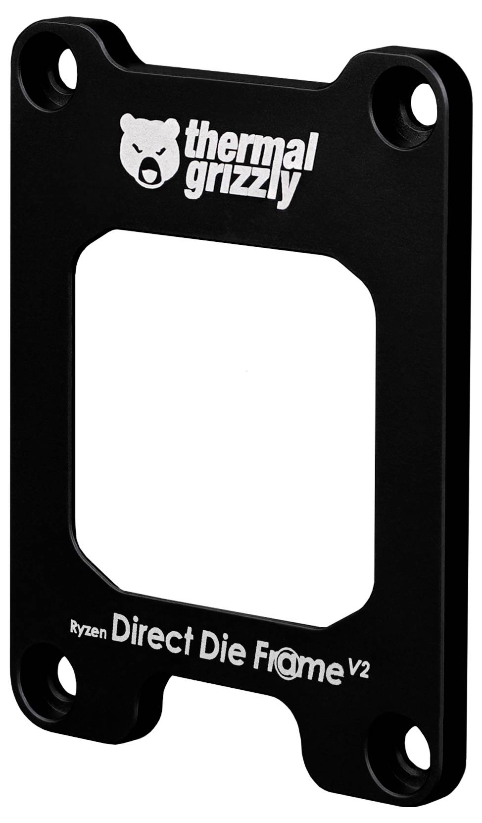 Schwarzer Wärmerahmen mit 'Thermal Grizzly' Branding, entwickelt für Ryzen-CPUs, gekennzeichnet als 'Direct Die Frame V2' mit einer zentralen Öffnung.