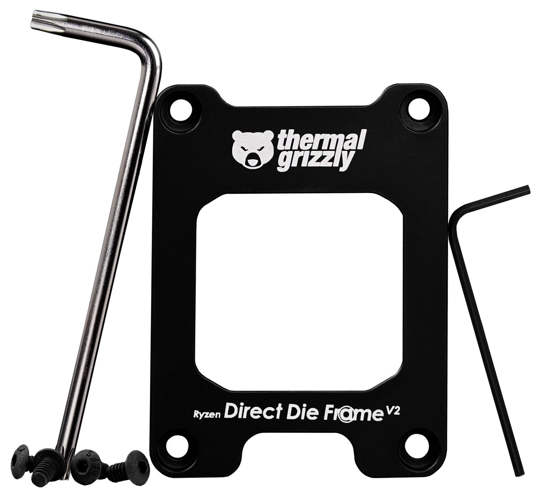 Das Bild zeigt einen schwarzen Thermal Grizzly Ryzen Direct Die Frame V2 mit einem L-förmigen Inbusschlüssel und Schrauben zur Installation eines Computer-Prozessors.
