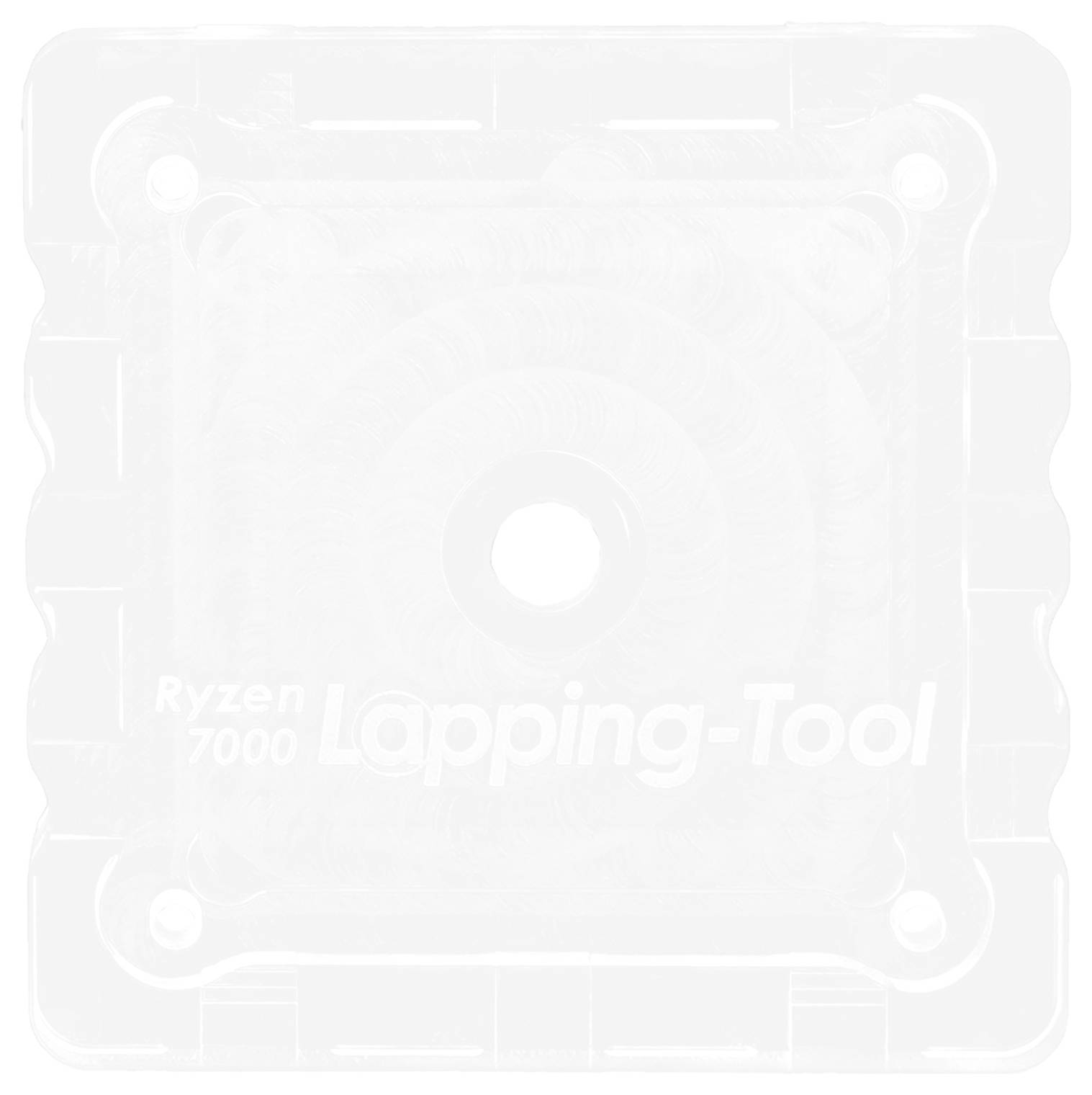 Ein quadratisches Werkzeug mit der Beschriftung "Ryzen 7000 Lapping-Tool" mit einem zentralen kreisförmigen Mechanismus und Schraublöchern in den Ecken, das für die Prozessorwartung verwendet wird.