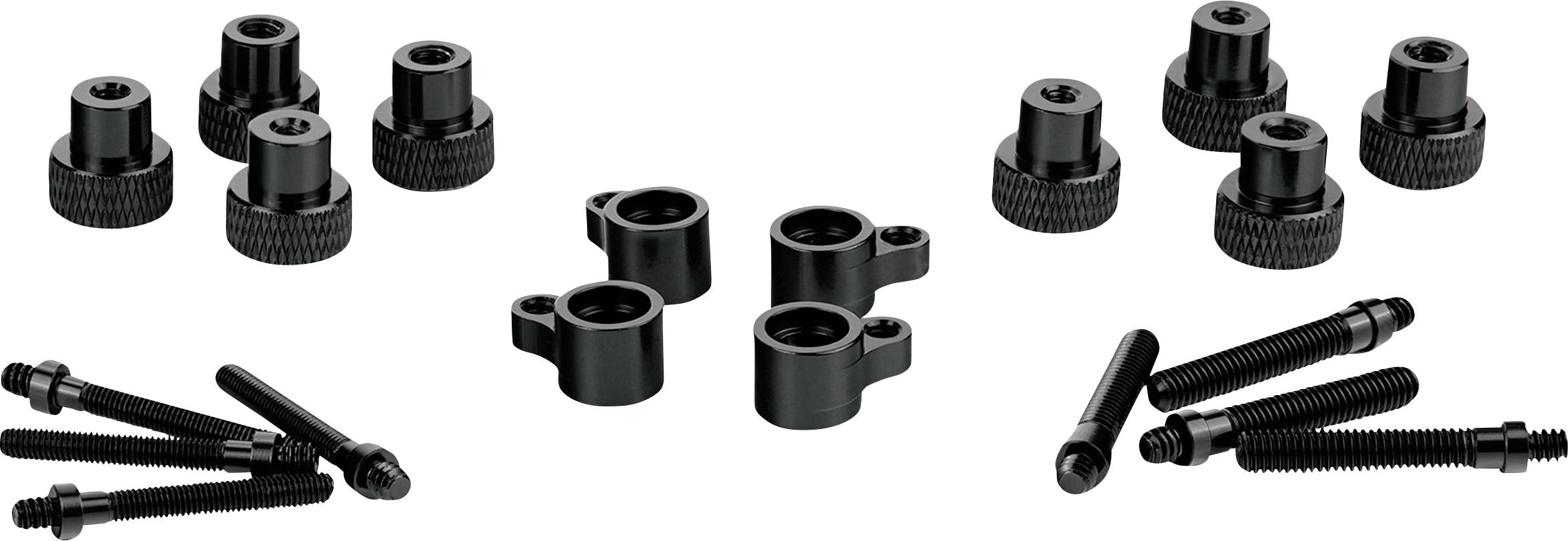 Schwarze Metallhardware-Komponenten umfassen mehrere Daumenschrauben, Abstandshalter und Schrauben, die auf einem weißen Hintergrund angeordnet sind.