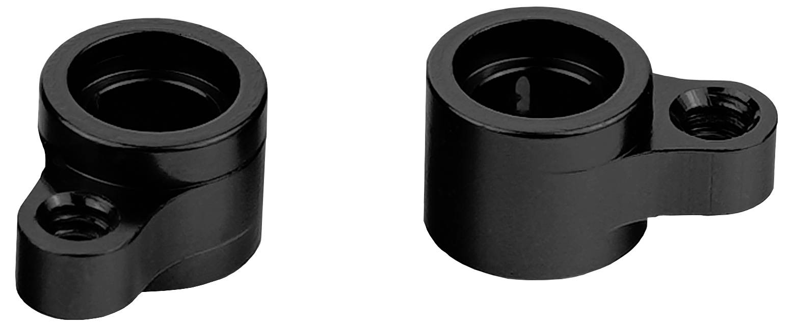 Zwei schwarze, zylindrische Metallkomponenten mit seitlichen Löchern und flachen Basen, die für mechanische oder industrielle Anwendungen verwendet werden.